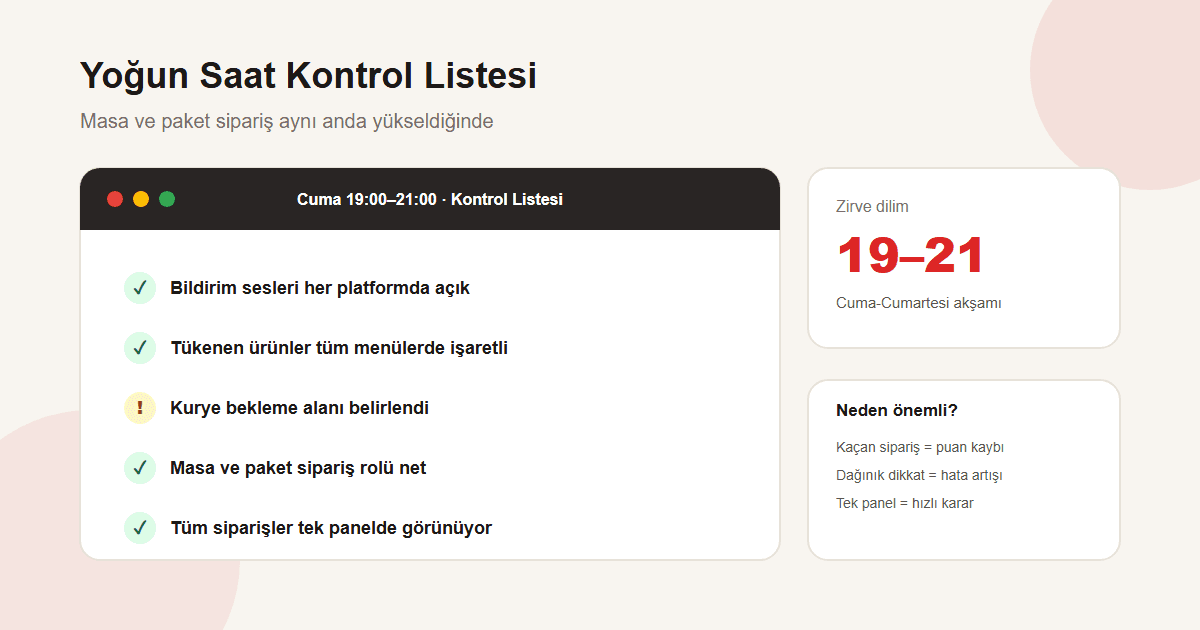 Yoğun saatte masa ve paket siparişini birlikte yönetme kontrol listesi