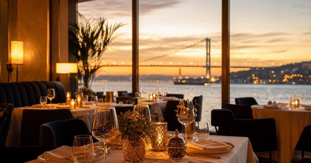 İstanbul Boğaz manzaralı modern restoran iç mekanı, akşam yemeği rezervasyonu atmosferi