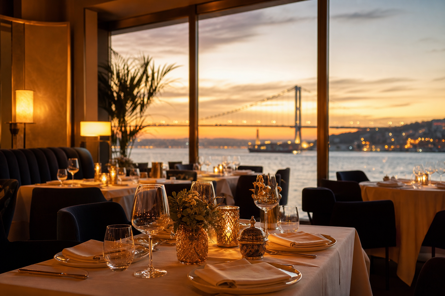 İstanbul Boğaz manzaralı modern restoran iç mekanı, akşam yemeği rezervasyonu atmosferi